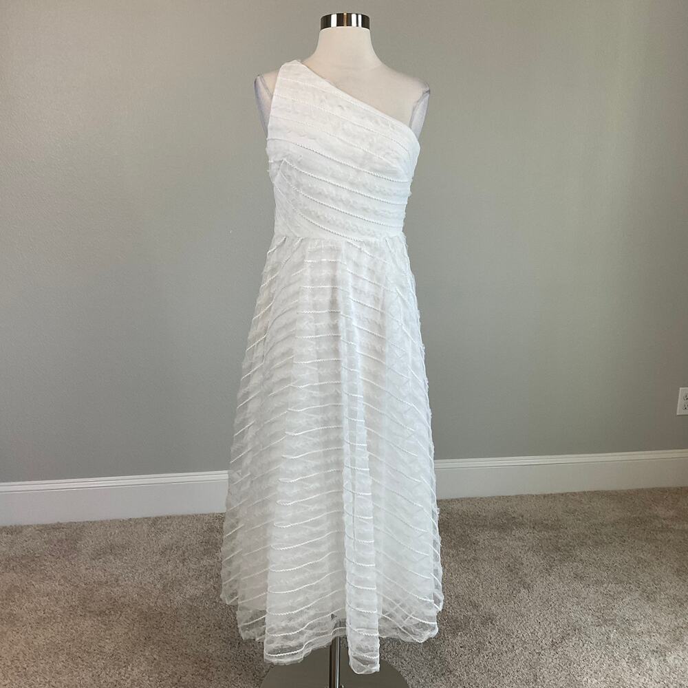 AQUA White Embroidered Lace One Shoulder A-Line Midi Cocktail Dress Size 4 - Picture 2 of 11